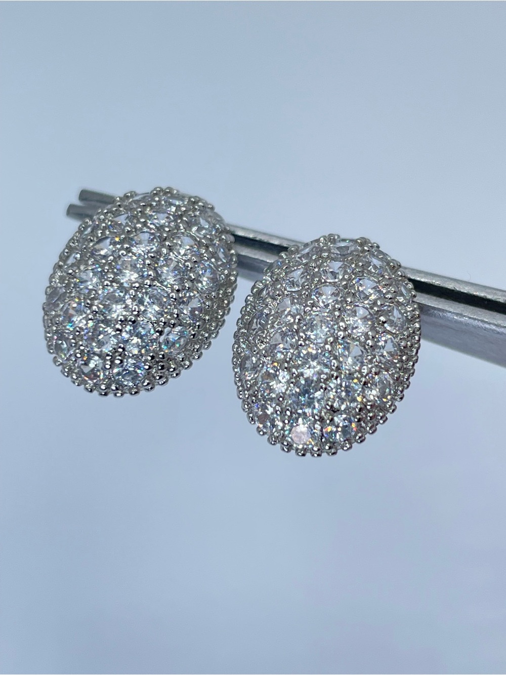 Silver Diamond White Crystal Oval Halo Stud Earrings